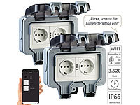 Luminea Home Control 2er-Set Outdoor-WLAN-Doppelsteckdosen, Sprachbefehl, Strommessung, App; WLAN-Steckdosen mit Stromkosten-Messfunktion 