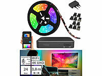 Luminea Home Control HDMI-TV-Sync-Box für Ambiente-Licht, RGB-IC-LEDs, 4K UHD, WLAN, 55–65"; WLAN-USB-Stimmungsleuchten mit RGB + CCT-LEDs und App WLAN-USB-Stimmungsleuchten mit RGB + CCT-LEDs und App 