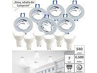 Luminea 6er-Set Alu-Einbaustrahler-Rahmen mit GU10-LED-Spots, 540 lm, 7 Watt; LED-Spots GU10 (warmweiß), LED-Tropfen E27 (tageslichtweiß) LED-Spots GU10 (warmweiß), LED-Tropfen E27 (tageslichtweiß) 