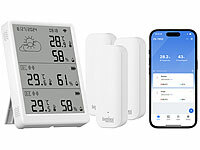 Luminea Home Control WiFi-Thermometer TUYA, Thermometer Hygrometer Uhr; WLAN Außen- & Innen-Temperatur- & Luftfeuchtigkeitssensor, Hygrometer, IP65, Temperatur- & Luftfeuchtigkeits-Sensor mit Bluetooth, App und Sprachsteuerung WLAN Außen- & Innen-Temperatur- & Luftfeuchtigkeitssensor, Hygrometer, IP65, Temperatur- & Luftfeuchtigkeits-Sensor mit Bluetooth, App und Sprachsteuerung WLAN Außen- & Innen-Temperatur- & Luftfeuchtigkeitssensor, Hygrometer, IP65, Temperatur- & Luftfeuchtigkeits-Sensor mit Bluetooth, App und Sprachsteuerung 