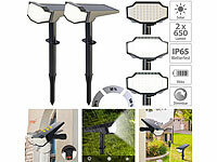 Luminea 2er-Set High-Power-Solar-LED-Gartenspots, 650 lm, IP65, tageslichtweiß; LED-Solar-Fluter mit Bewegungsmelder LED-Solar-Fluter mit Bewegungsmelder 