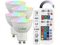 Luminea 4er-Set LED-Spots GU10, RGBW, 4,8 W, 400 lm, dimmbar; LED-Tropfen E27 (warmweiß) 