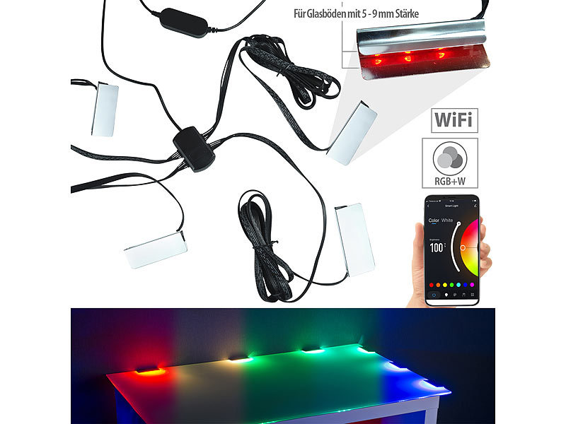 Luminea Home Control LED Lichtband: WLAN-RGB-LED-Streifen mit  Sound-Steuerung, App, Sprachsteuerung, 5 m (LED Glaskantenbeleuchtung)
