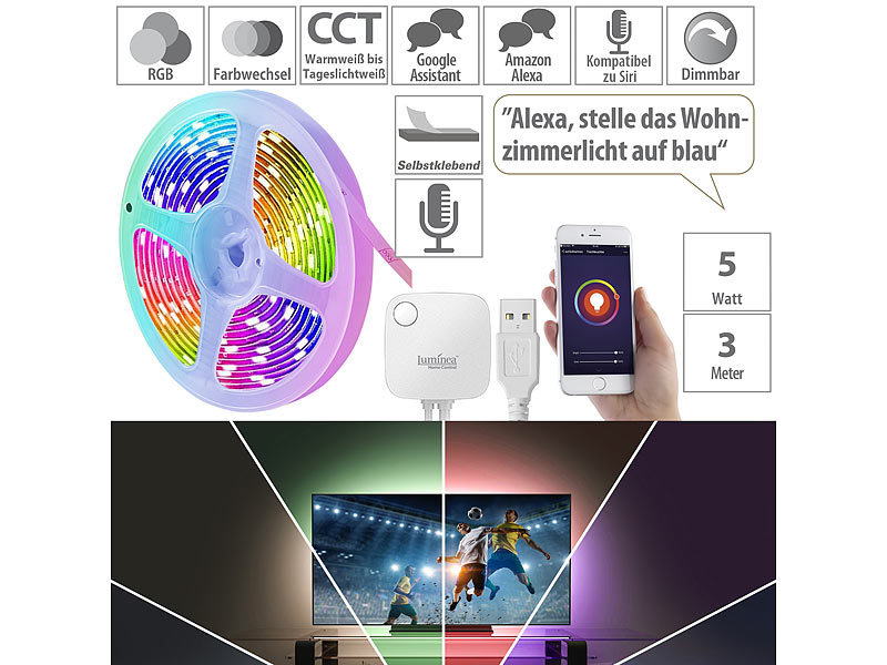 Luminea Home Control LED Lichtband: WLAN-RGB-LED-Streifen mit  Sound-Steuerung, App, Sprachsteuerung, 5 m (LED Glaskantenbeleuchtung)