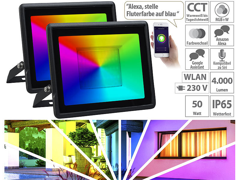 1.500 lm Sprachsteuerung 20 W WLAN-RGB-CCT-Fluter IP65 App 