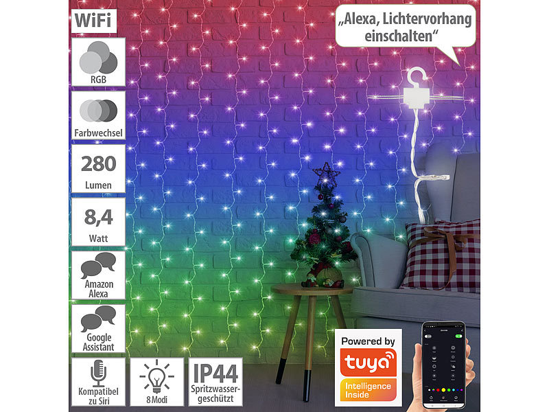 Luminea Home Control Smarter WLAN-LED-Lichtervorhang mit 180 RGB-IC-LEDs,  App, IP44, 3x3 m