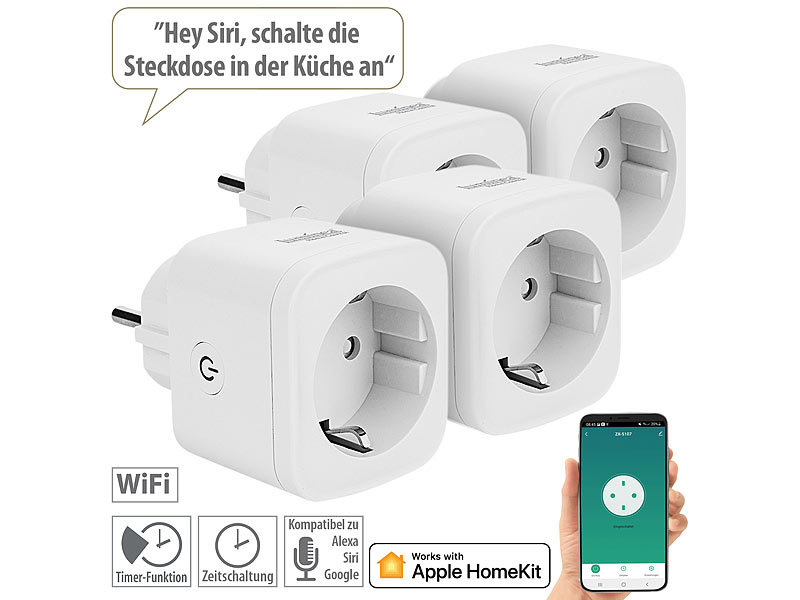 Luminea Home Control 4er-Set WLAN-Steckdosen, Apple-HomeKit