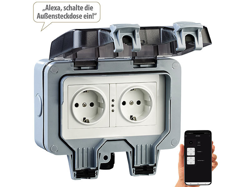 Luminea Home Control Outdoor-WLAN-Aufputz-Doppelsteckdose, Sprachbefehl,  Strommessung, App