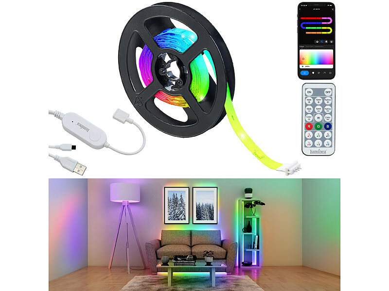 Luminea Home Control LED Stripes: 2er-Set USB-RGB-IC-LED-Streifen,  Bluetooth, App, Fernbedienung, 2 m (LED-Stripes RGB)